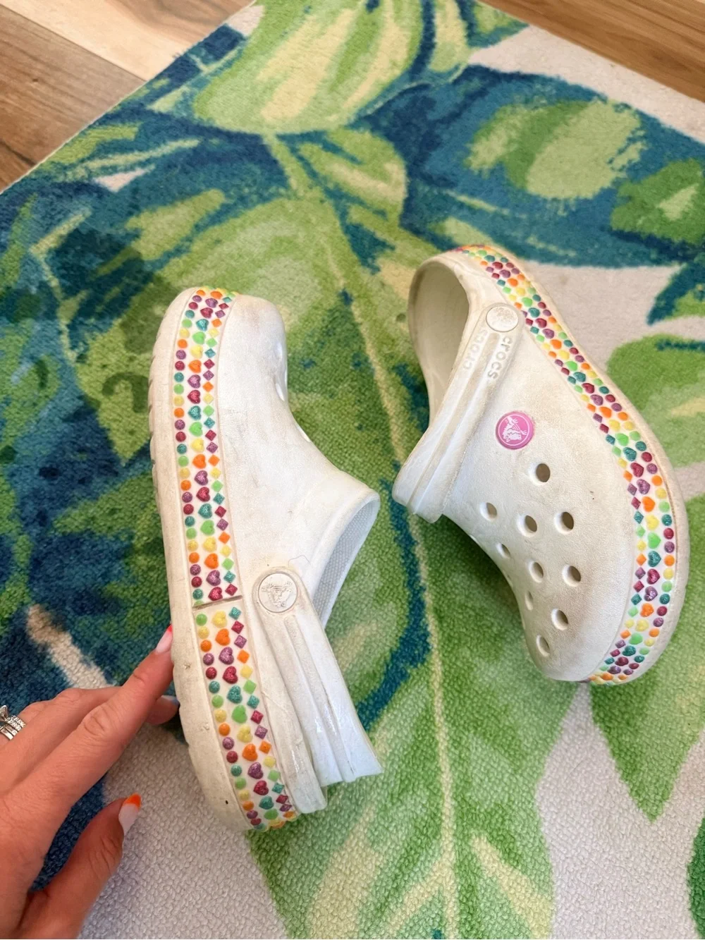 Kids White Clog Shoes with Rainbow Dot Trim